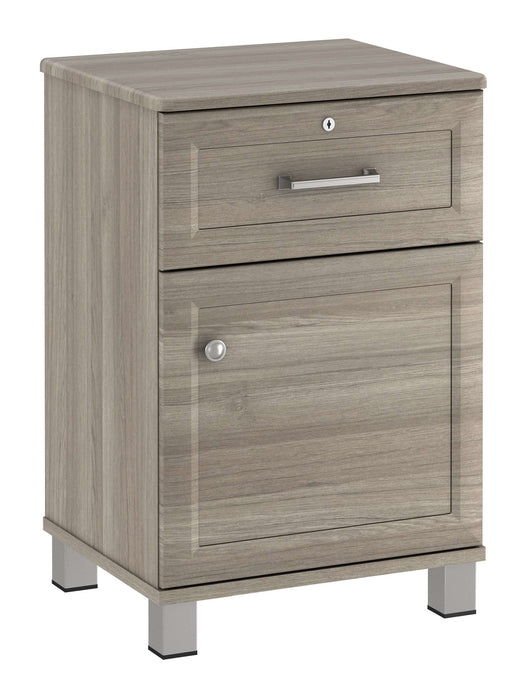 TANGENTE ONE DOOR, ONE DRAWER BEDSIDE CABINET WITH LOCK & NICKEL FEET