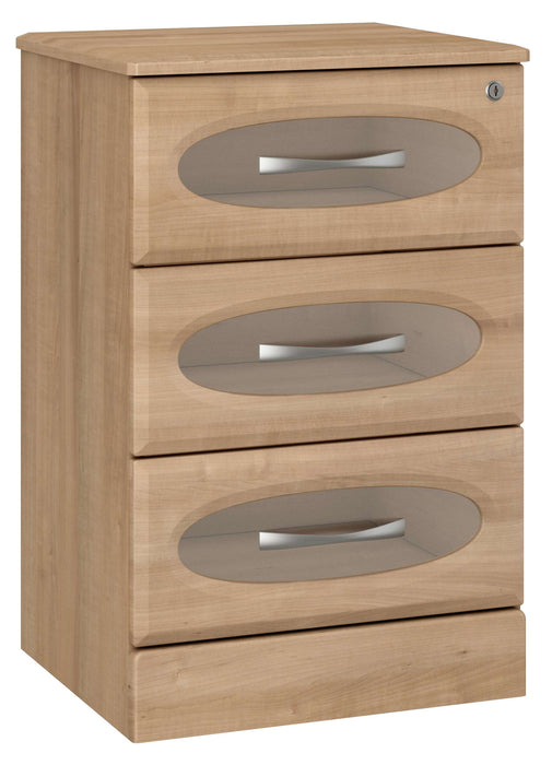 REVEAL BEDSIDE CABINET: THREE TRANSPARENT DRAWERS WITH LOCK