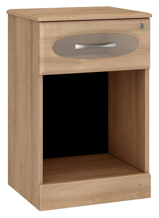 REVEAL BEDSIDE CABINET: ONE TRANSPARENT DRAWER, OPEN BOTTOM WITH LOCK