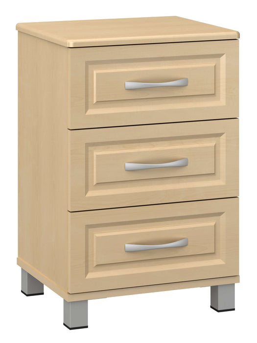 RICCA THREE DRAWER BEDSIDE CABINET WITH NICKEL FEET