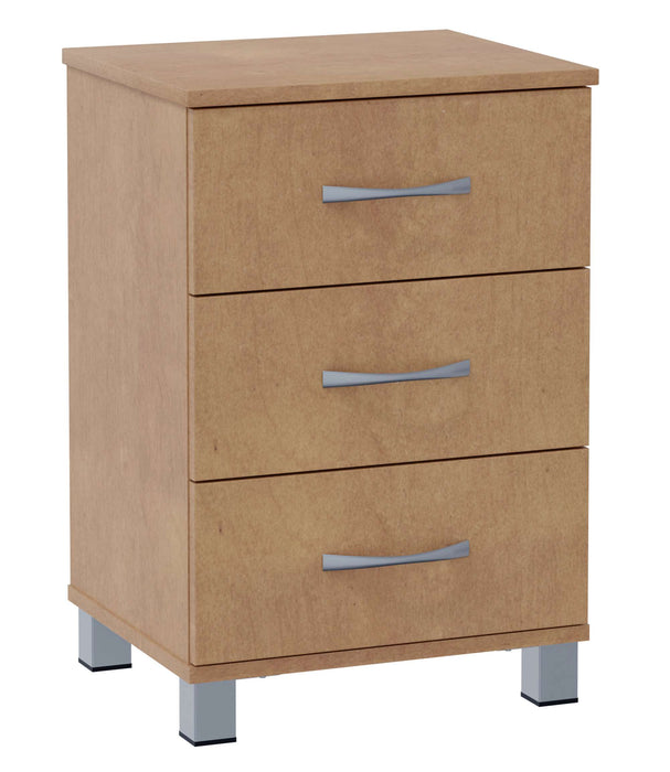 VALORE THREE DRAWER BEDSIDE CABINET WITH NICKEL FEET