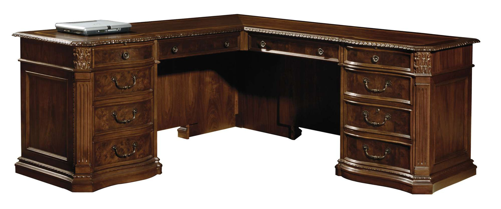 OLD WORLD WALNUT BURL EXECUTIVE L-SHAPE DESK