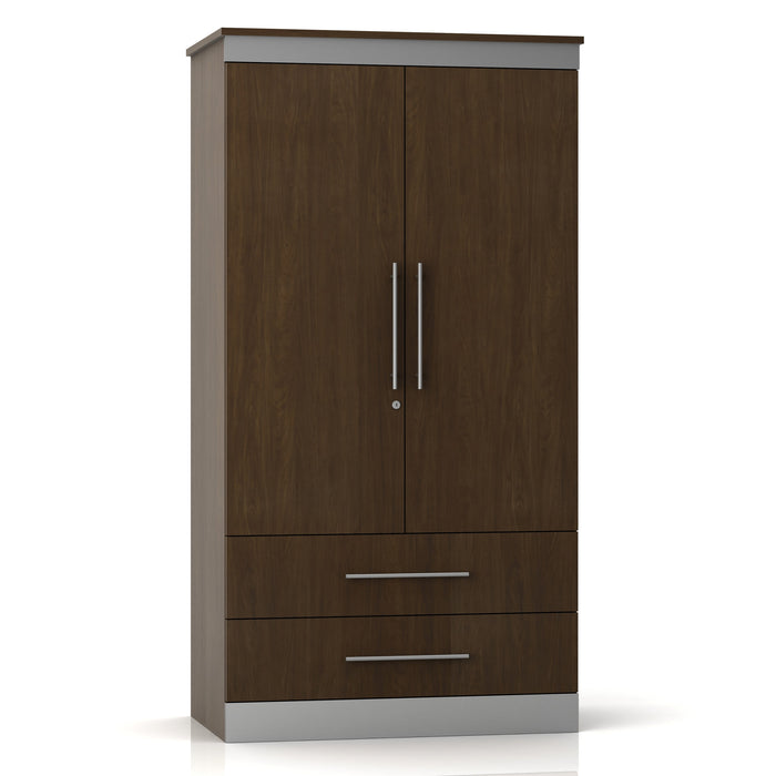 P7029 Contempo Divided Double Door Wardrobe w/ Two Drawers Locking Left